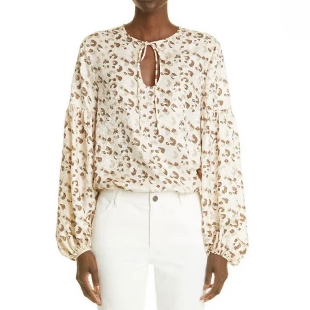 Lafayette 148 New York Lupe Leopard Print Silk Blouse in Raffia XS